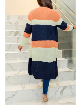 Lovely Casual Color-lump Patchwork Orange Cardigan