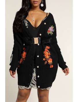 Lovely Casual Embroidery Design Black Cardigan