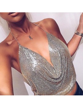 LovelyBeautiful V Neck Backless Sequins Decoration Silver Polyester Tank Top(Without Accessories)
