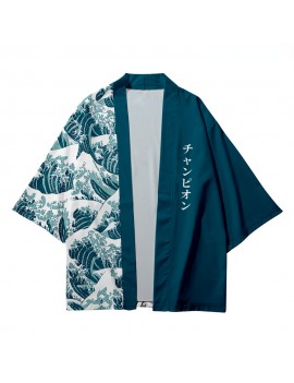 Japanese Samurai Cardigan Patchwork Waves Print Oversized Haori Women Men Harajuku Kimono Cosplay Tops Blouse Yukata Clothing