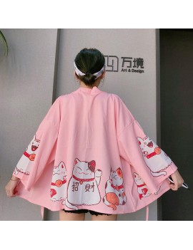 Japanese Kimonos Cat Print Cardigan Harajuku Loose Kimono Pink Blouses Feminino Outerwear Shirts Women Coats