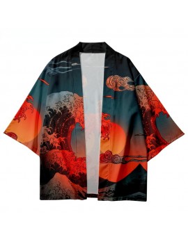Traditional Kimono Men Women Yukata Kanagawa Waves Red Sun Print Japanese Cardigan Cosplay Haori Samurai Clothing Streetwear