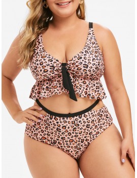 Plus Size Flounce Leopard Print Tankini Swimsuit - 5x