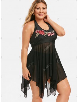 Plus Size Halter Embroidered Skirted Tankini Swimsuit - L