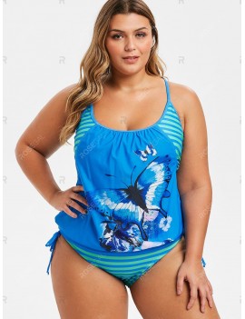 Plus Size Double Up Stripe Butterfly Blouson Tankini Swimsuit - 2x