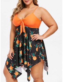 Plus Size Handkerchief Orange Print Knotted Tankini Swimsuit - 5x