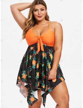 Plus Size Handkerchief Orange Print Knotted Tankini Swimsuit - 5x