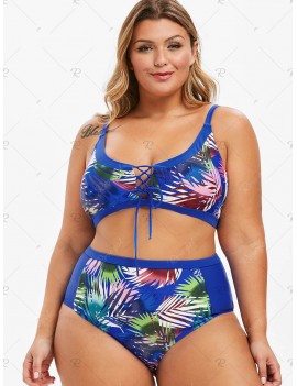 Plus Size High Rise Lace-up Leaf Print Swimwear Swimsuit - 1x