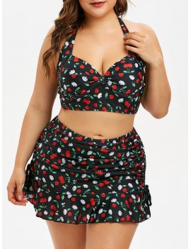 Cherry Plus Size Flounce Drawstring Swimwear Set - L