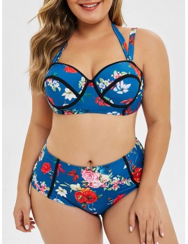 Plus Size Floral Piping Underwire Swimwear Set - 2x