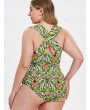 Back Criss Cross Plus Size Leaf Print Swimwear - 2x