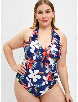 Halter Neck Floral Print Plus Size Swimwear - 1x