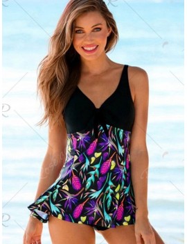 Butterfly Plant Print Padded Skirted Tankini Swimsuit - M