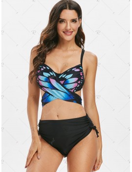 Butterfly Print Cinched Tie Back Swimwear Swimwear - Xl