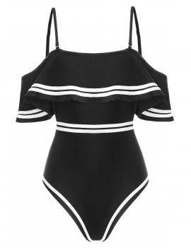 Contrast Piping Flounce Padded One-piece Swimsuit - L