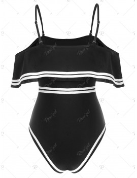 Contrast Piping Flounce Padded One-piece Swimsuit - L