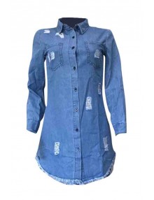 Lovely Casual Turndown Collar Tassel Design Blue Mini Dress