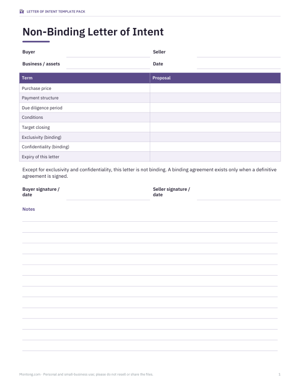 Preview of Business Purchase Letter of Intent Template